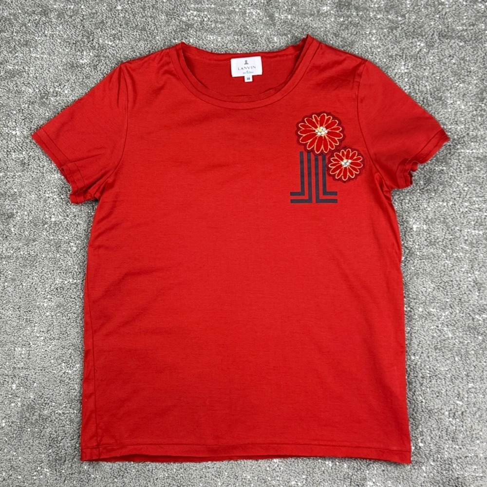 Lanvin en Bleu Womens M 38 Red T Shirt Floral Applique Beaded Rhinestone Logo